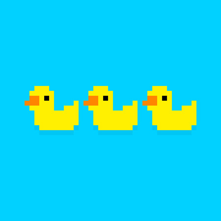 Three pixel art yellow bath ducks isolated on blue backgroundのイラスト素材