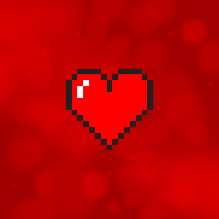 Pixel art heart isolated on red blurred backgroundのイラスト素材