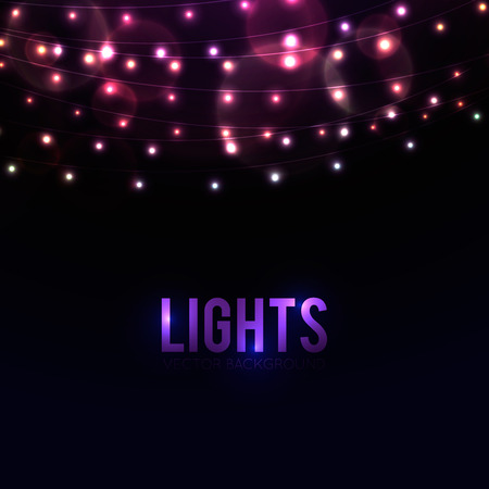 Many glowing lights on strings, background with garlands and place for textのイラスト素材