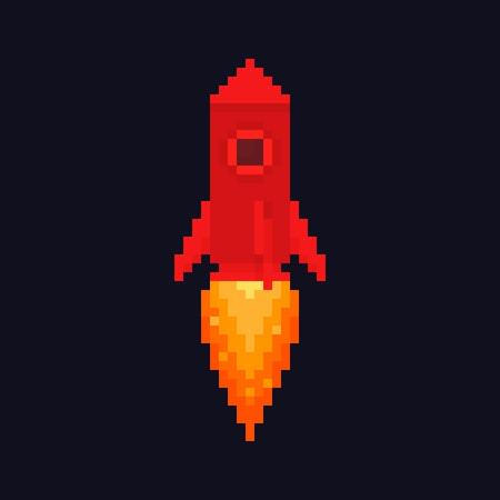Pixel art rocket flying upwards on dark deep blue backgroundのイラスト素材