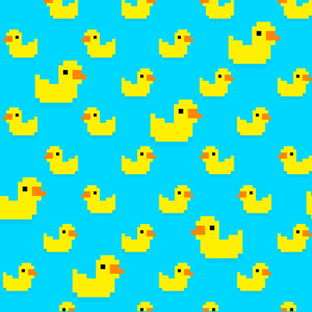 Seamless pattern with many pixel art yellow bath ducks on blue backgroundのイラスト素材