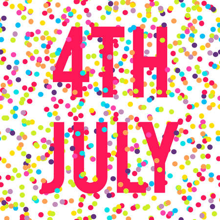 Vector background with reddish pink fourth of July text and bright different colored confetti on white backgroundのイラスト素材