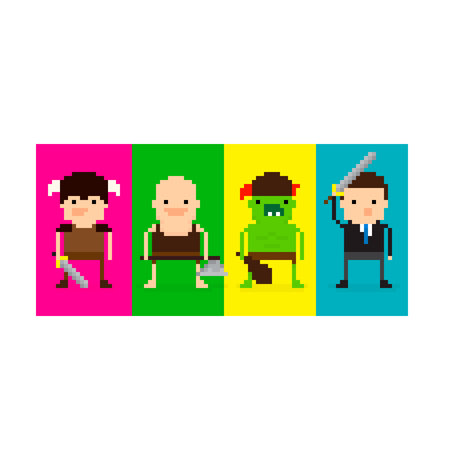 Pixel art 8-bit game characters in battle stancesのイラスト素材