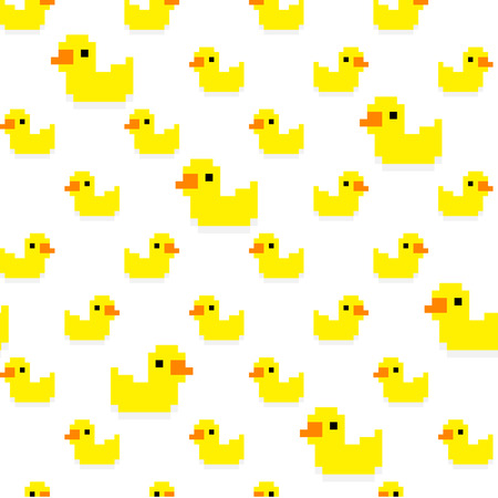 Seamless pattern with many pixel art yellow bath ducks on white backgroundのイラスト素材