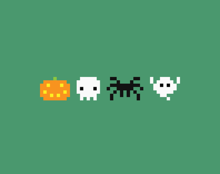 Minimalistic pixel art halloween icons. Pumpkin, skull, spider and ghost