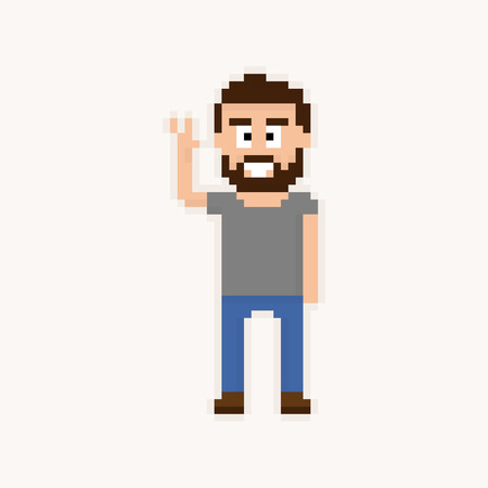 Pixel art happy bearded guy with arm raisedのイラスト素材