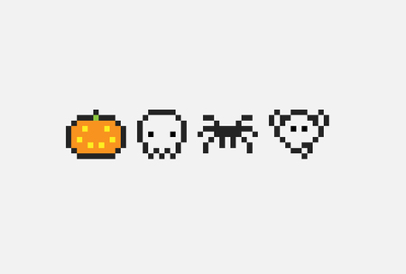 Minimalistic pixel art halloween icons. Pumpkin, skull, spider and ghost