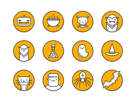 Set of twelve pixel perfect outline circle icons with halloween traditional signs and symbolsのイラスト素材