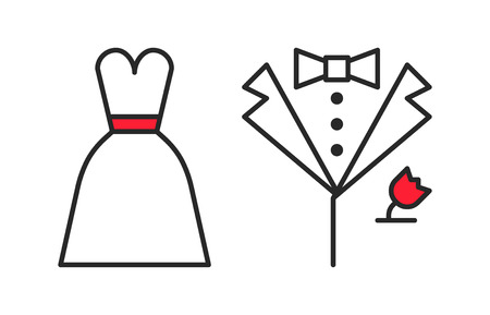 Wedding dress and groom's suit, outline iconsのイラスト素材