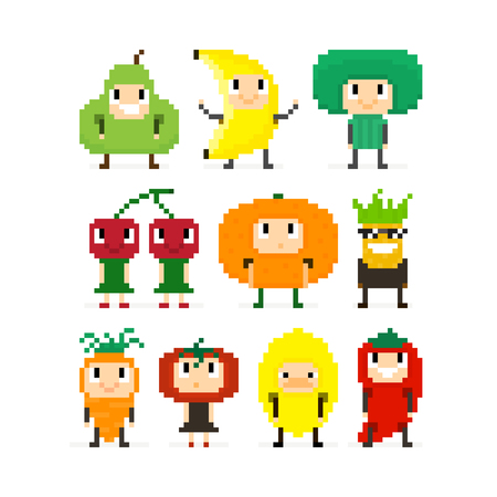 Pixel art characters, people in fruit and vegetable costumesのイラスト素材