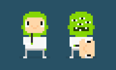 Pixel art characters, pretender, alien hiding behind the smiling human mask, alien unmaskedのイラスト素材