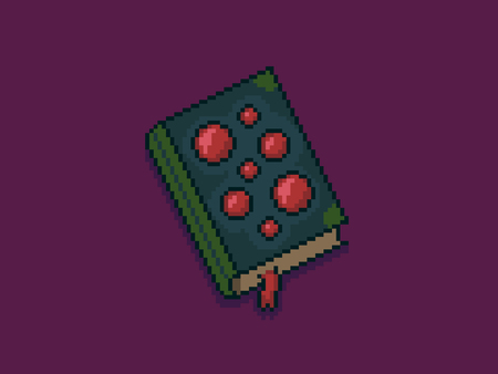 Pixel art 8-bit magic spell book isolated on violet background