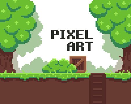 Pixel art background with grass, mud, crate, bush, hole with stairs and treesのイラスト素材