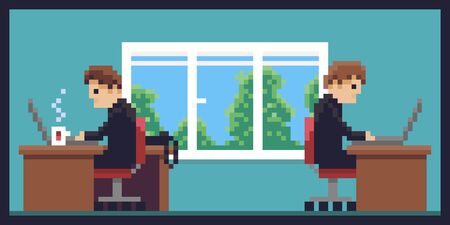 Two pixel art men at their workplace sitting by the table with laptopのイラスト素材