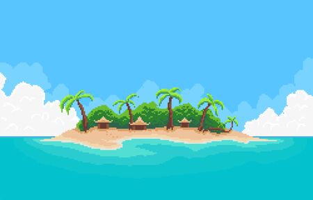 Pixel art tropical island with palm trees and bungalowsのイラスト素材