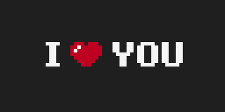 Pixel art I love you phrase with 8-bit heart on dark backgroundのイラスト素材