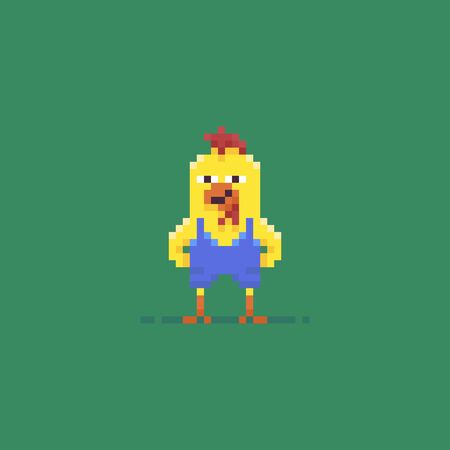 Pixel art funky yellow rooster character in blue overallsのイラスト素材