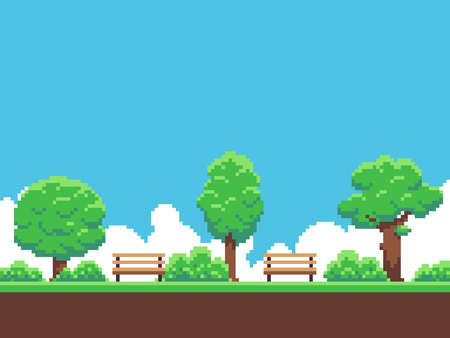 Pixel art game background with trees, ground, grass, sky and cloudsのイラスト素材