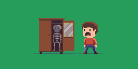 Pixel art skeleton in the cupboard and scared guyのイラスト素材