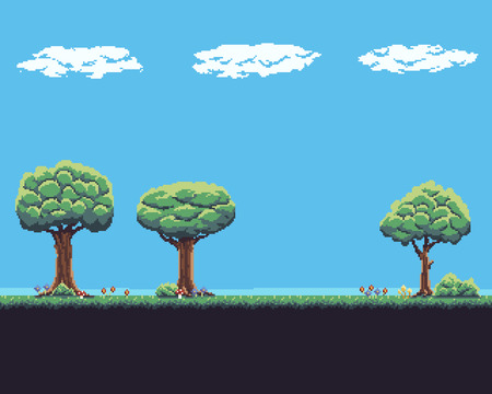 Pixel art game background with tree, ground, grass, sky and cloudsのイラスト素材