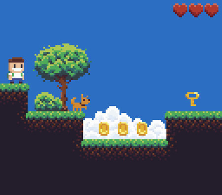 Pixel art game scene with boy and dog pointing to the key, tree, bush, clouds, coins and heartsのイラスト素材