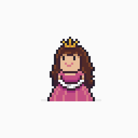 Pixel art princess character with golden crown isolated on white backgroundのイラスト素材
