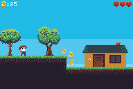 Pixel art game scene with ground, grass, trees, coins, hearts, sky, character and houseのイラスト素材