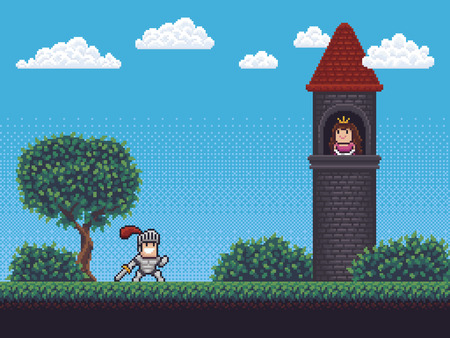 Pixel art background scene with tower, knight, princess, grass, tree, bushes and cloudsのイラスト素材