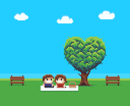 Pixel art background with couple during the picnic date sitting on the grass in parkのイラスト素材