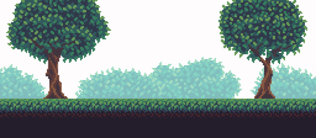 Pixel art game background with tree, bushes and grassのイラスト素材