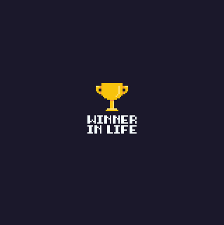Pixel art golden goblet and winner in life text on dark background