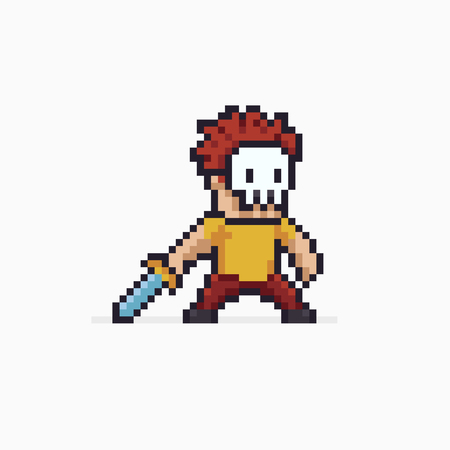 Pixel art red haired warrior in skeleton mask with swordのイラスト素材