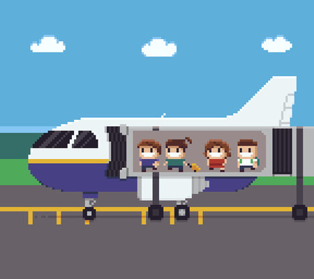 Pixel art scene with people moving through jet bridge while boarding on the aircraftのイラスト素材