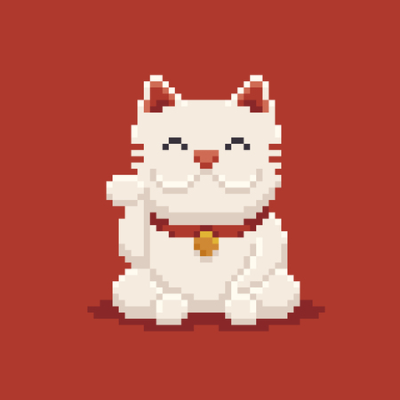 Pixel art asian lucky cat, maneki neko isolated on red backgroundのイラスト素材