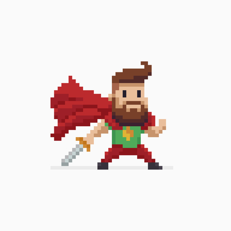Pixel art bearded hero character with red cape and sword ready to fightのイラスト素材