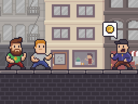 Pixel art scene with two characters ready to fight against bully wanting their money, urban backgroundのイラスト素材