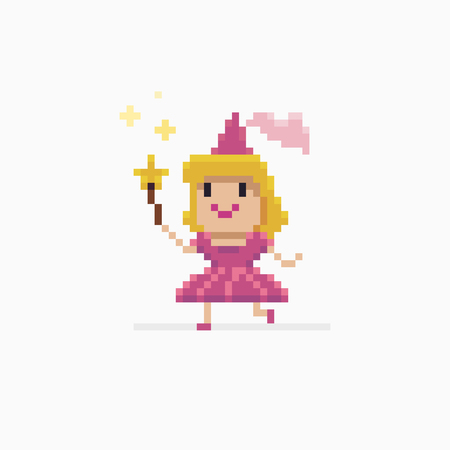 Pixel art fairy princess running with star shaped wand and doing magicのイラスト素材