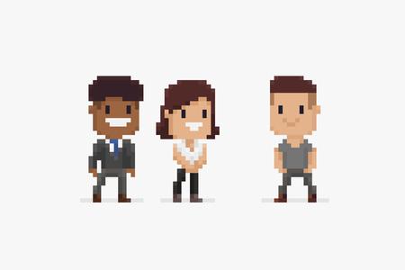 Three pixel art characters, male and female, in office dress isolated on white backgroundのイラスト素材