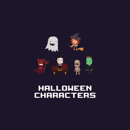 Pixel art 8-bit retro Halloween characters, vector illustration.のイラスト素材