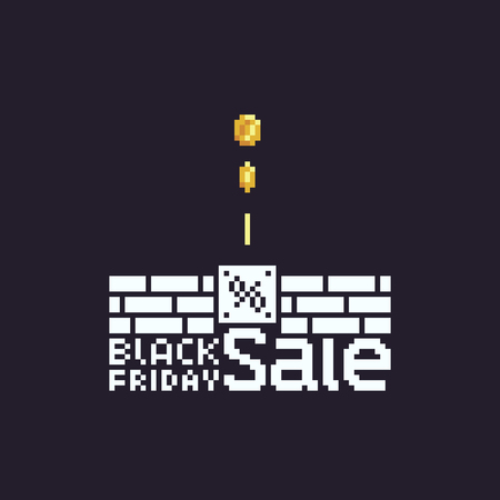 Pixel art Black Friday Sale text, white letters, pixel bricks and coins on dark background.のイラスト素材