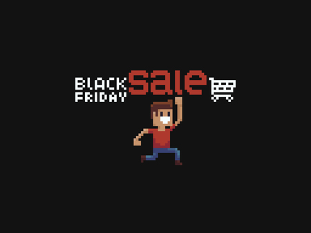 Pixel art Black Friday Sale text and jumping guy hitting sale with his fist.