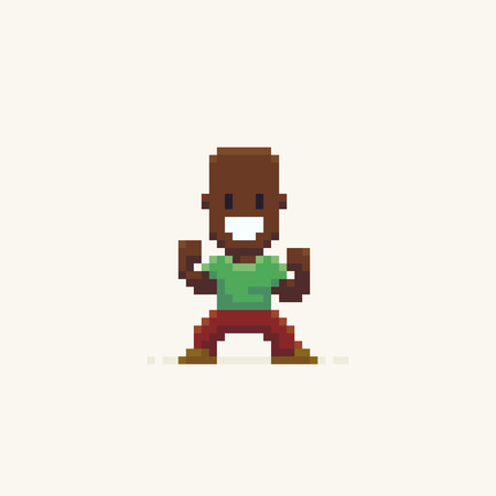 Pixel art male happy game character in fighter stance