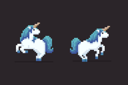 Two pixel art unicorns with blue hair staying on rear legs isolated on dark backgroundのイラスト素材