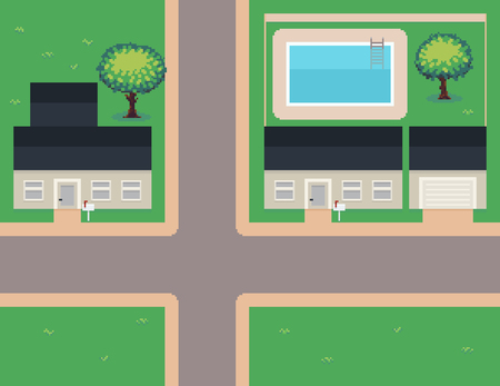 Pixel art neighborhood, houses, garage, pool, treesのイラスト素材