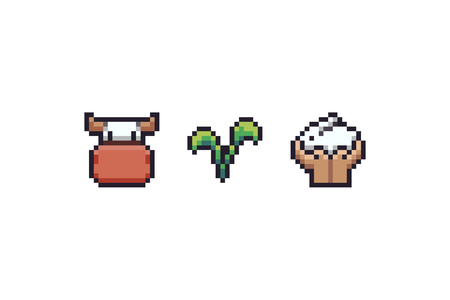 Pixel art 8-bit vegan retro icons with cow, green sprout and tiny rabbit in palmsのイラスト素材