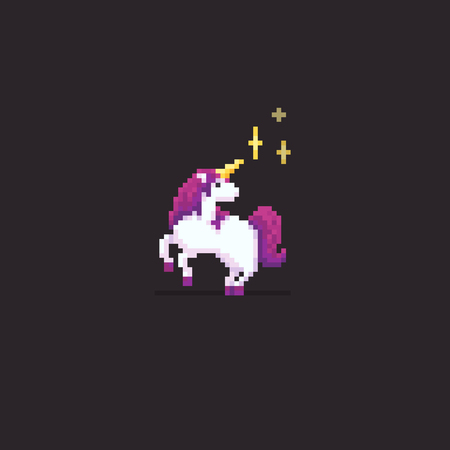 Pixel art pink haired unicorn with magic sparkles isolated on dark backgroundのイラスト素材