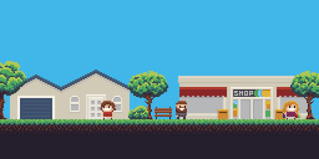 Pixel art scene with house, shop, trees and peopleのイラスト素材