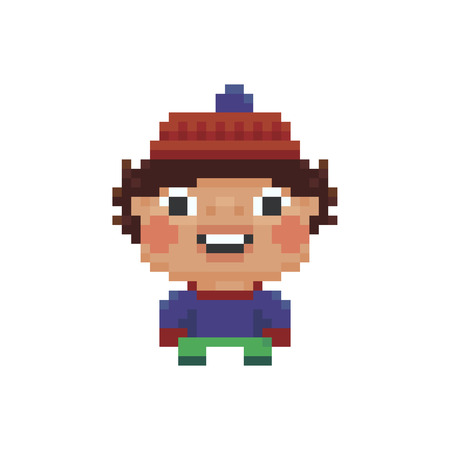 Pixel art smiling kid in winter hat isolated on plain background.のイラスト素材