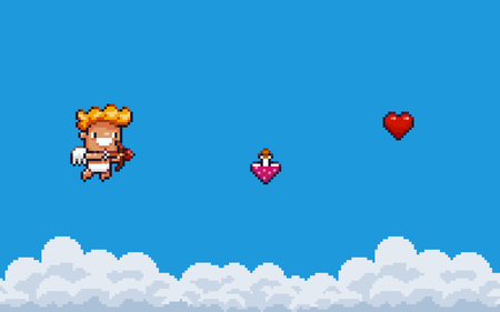 Pixel art game background with clouds, flying Cupid with bow and arrow, love potion and 8bit heartのイラスト素材