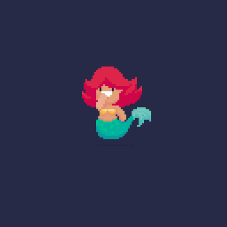 Pixel art 
t smiling mermaid with pink hair on dark backgroundのイラスト素材